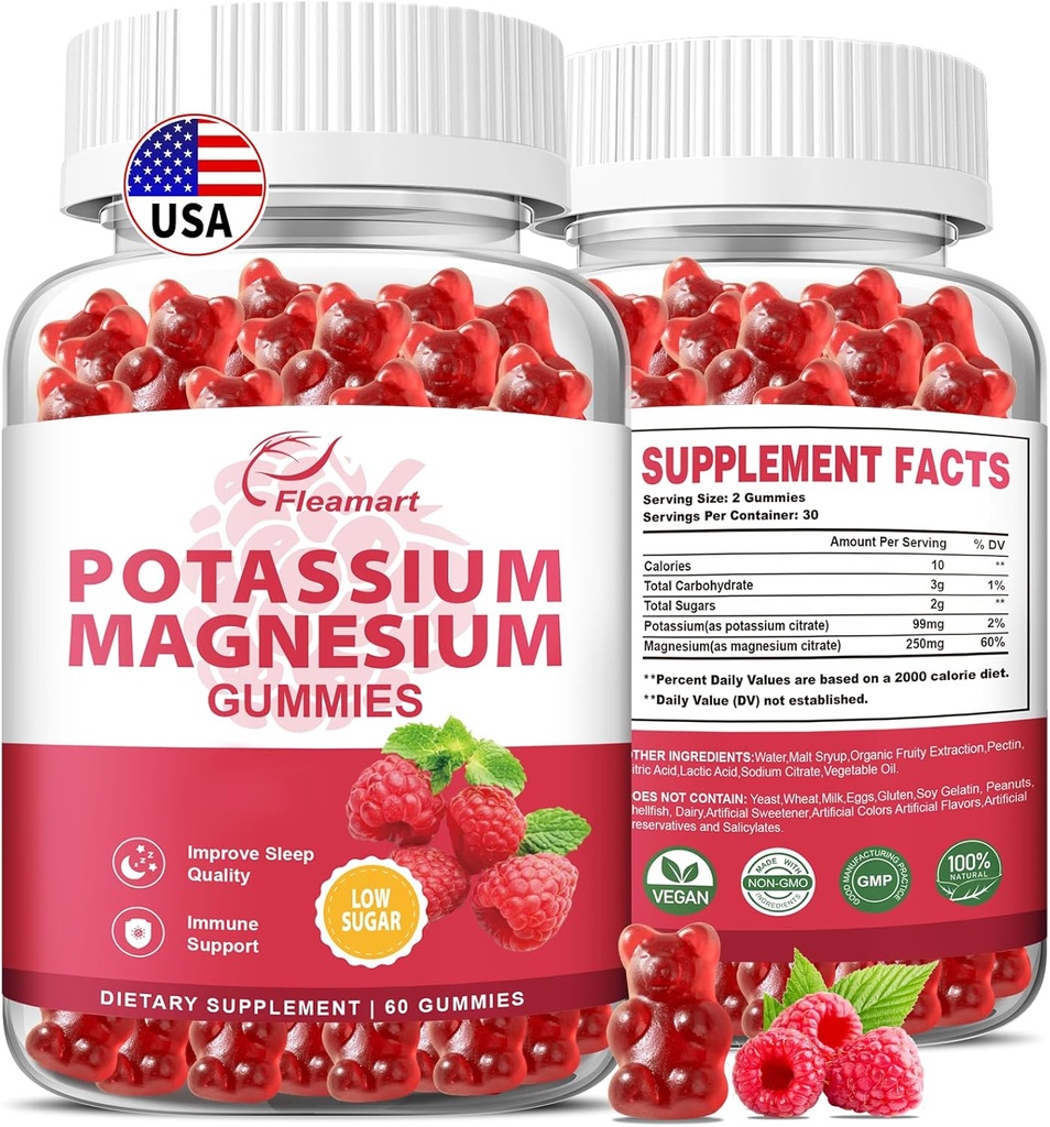 Kalijev Magnezij Gumiji Kalijev Citrat 99mg Magnezijev Citrat 250mg Magnezijev Kalijev kompleks Dodatek, Imunska podpora, 60 Raspberry Gumies 2 pakiranje