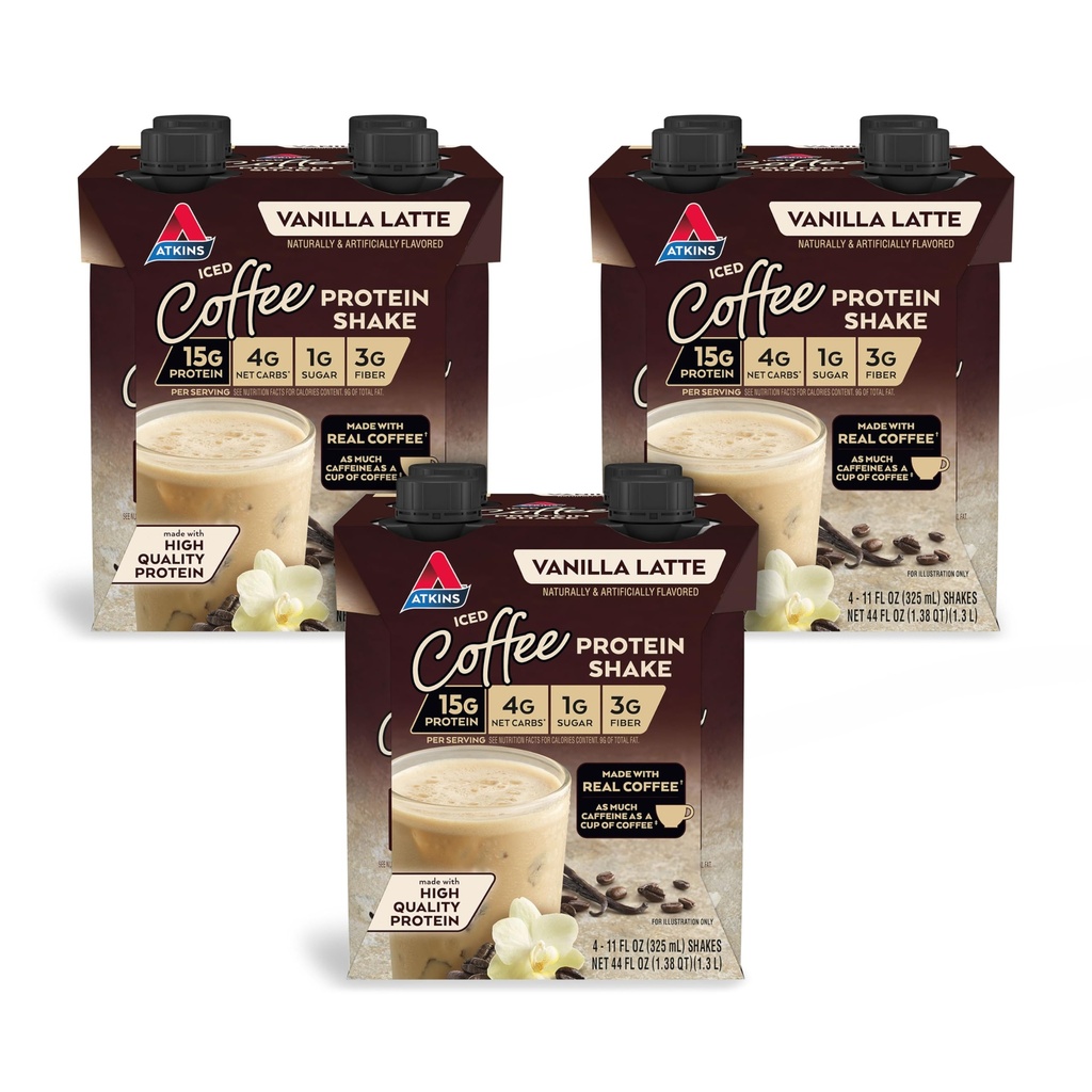 Atkins Iced Coffee Vanilla Latte Protein Shake, 15g beljakovine, nizko glikemična, 4g neto Carb, 1g sladkorja, Keto prijazno, 12 pakiranj po 11 fl Oz
