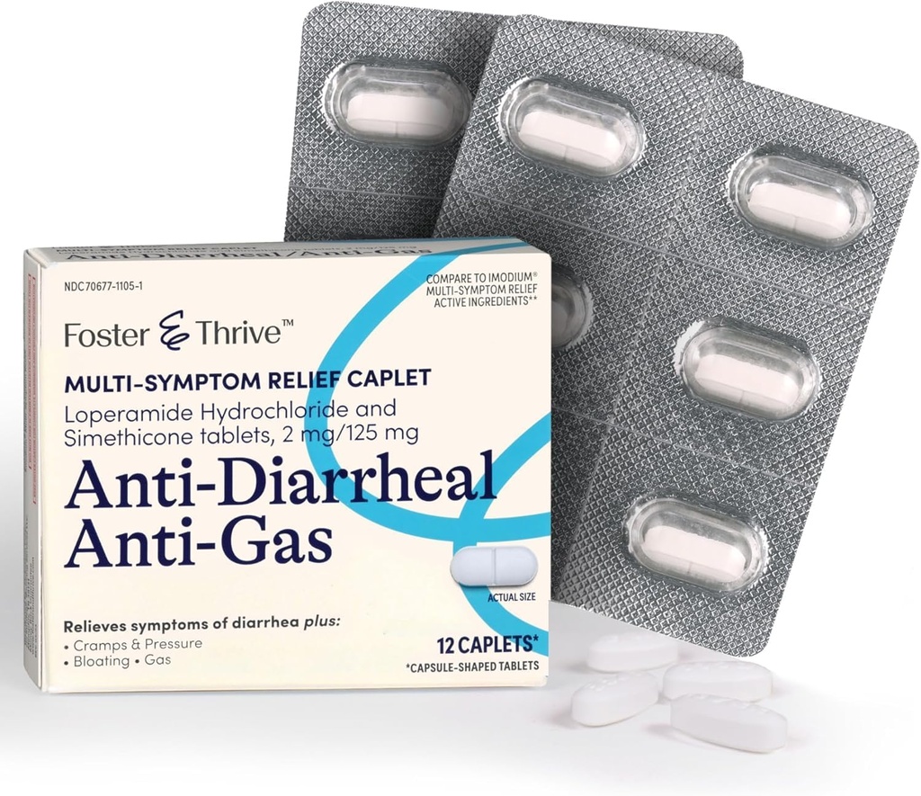 Foster & Trive Loperamid Hidroklorid in Simetikon Anti-Diarrheal Anti-Gas Multi-Simptom Relief, 48 Kapleti, Zdravljenje driske, plina, napenjanje, Cramps & Tlak, 12 Kapleti (Pack z dne 4)