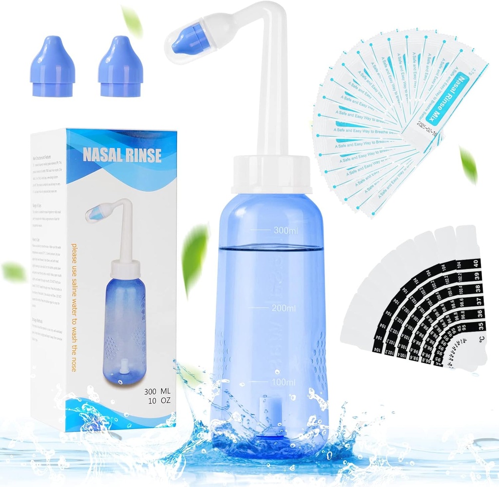 URAQT Neti Pot, Nazal izpiranje Kit čistilo za nos, 300ml Sinus izpiranje steklenica z 20 Nazal pranje sol paketi in 10 Termometer nalepka, tlak izpiranje nos namakanje za odrasle in Kid BPA brezplačno