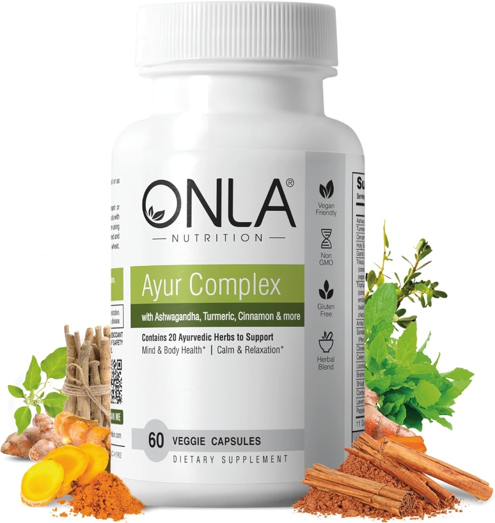 ONLA Vegan Ayurveda Zeliščni dodatki (20-v-1 Zeliščne kapsule) - Kurkuma dodatki z Ashwagandha, Cimet, Trifala, Brahmi - naravne sestavine, Zeliščni energijski dodatki (60 Cap)