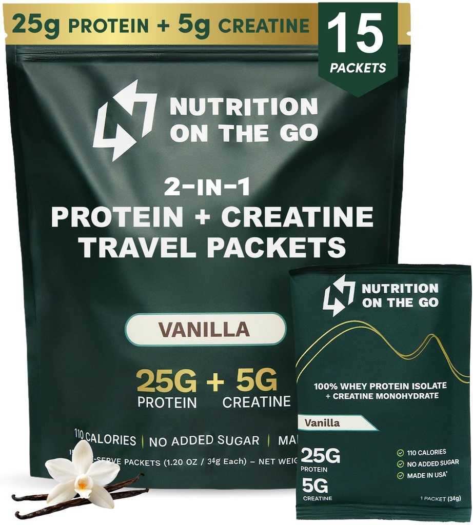 Nutrition On The Go Whey Protein Isolate Packets with Creatine – 25g Protein + 5g Kreatin – Enosmerni Travel Protein Powder – Vanilla (15-Pack)