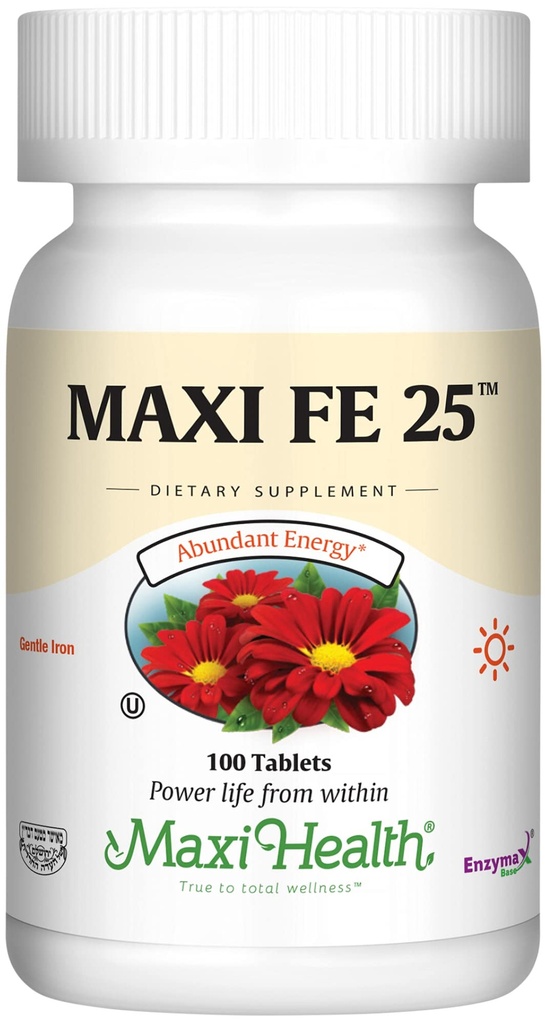 Maxi Health Železni dodatek za ženske in moške - Nežno železo 25 mg za Želodec - nezaprte * Tablete - Košir - Ne gensko spremenjeni - Vegetarian (100 tablet)