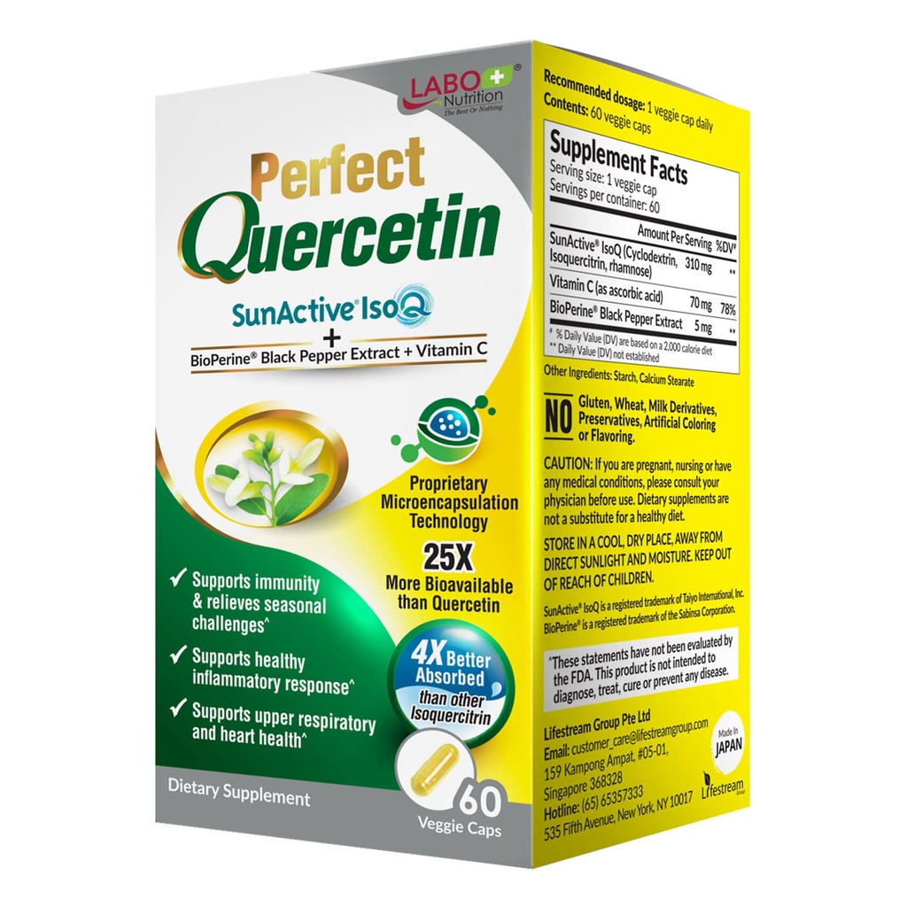 LABO Nutrition Perfect Quercetin SunActive IsoQ Bioflavonoidi, Vitamin C, 25x Več Biorazpoložljivo, za imuno, alergijo, Sinus Relief, in Kardiovaskularna podpora - Zdrav odziv vnetja - 60s