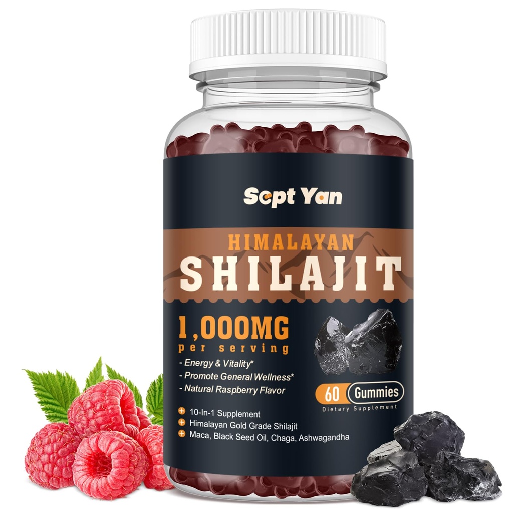 Shilajit Gummies 1000mg - Shilajit Pure Himalajan Organic za moške in ženske 85+ Trace Minerali Shilajit Resin z Ashwagandha, Maca, Black Seed Oil - Energija, Možgani, Immuniteta, Sugar Free Raspberry 60ct