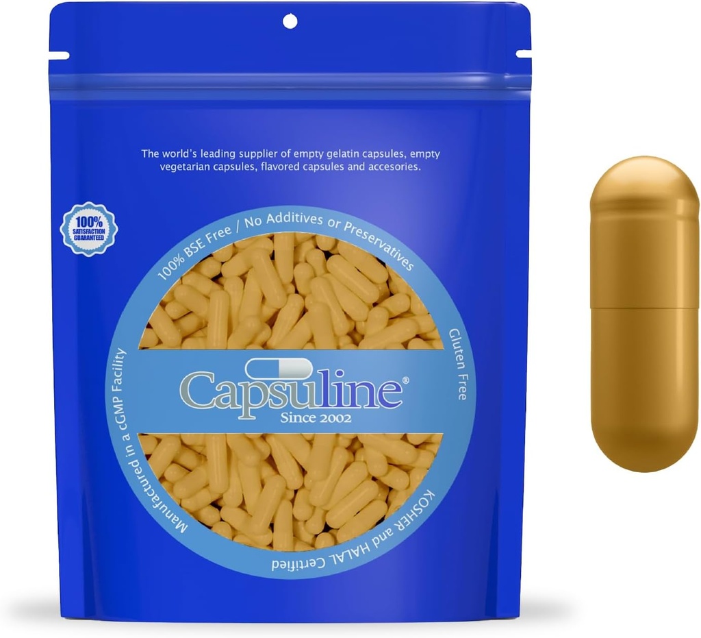 Capsuline Size 0 - Prazne kapsule želatine iz obarvanega zlata - 500 tablet - Kapsule tablete iz praznega gela DIY Kapsule iz čistega govejega tabletka - prazne pokrovčke - Košir in Halal Certified