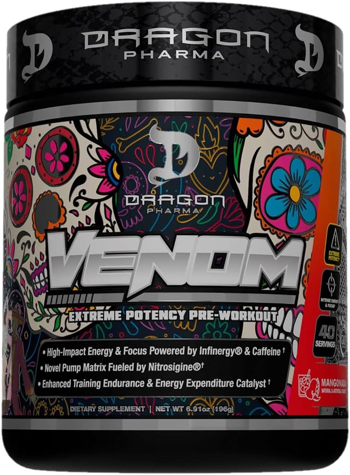 DRAGON PHARMA Venom Ekstremna moč pred treningom, Laser Sharp Focus + Energija, intenzivna zmogljivost, dokazano sestavine za izboljšano vazodilatacijo in vzdržljivost (40 Serving, Mangonada)