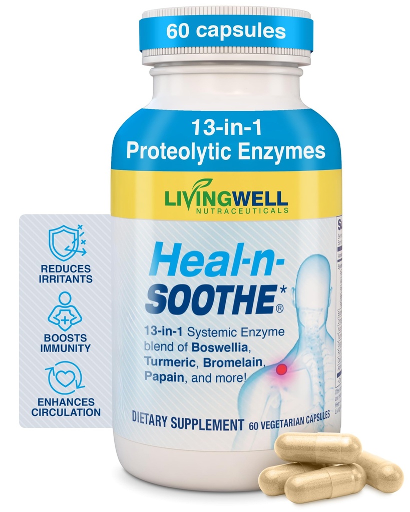 HEAL-N-SOOTHE skupne podpore dodatki - Proteolitični encimi, kot so Bromelain & Papain, z Boswellia, Kurkurji & Ginger- spodbuja beljakovinske prebavne funkcije in telo obrambo Wellness- 60 Število (1 paket)