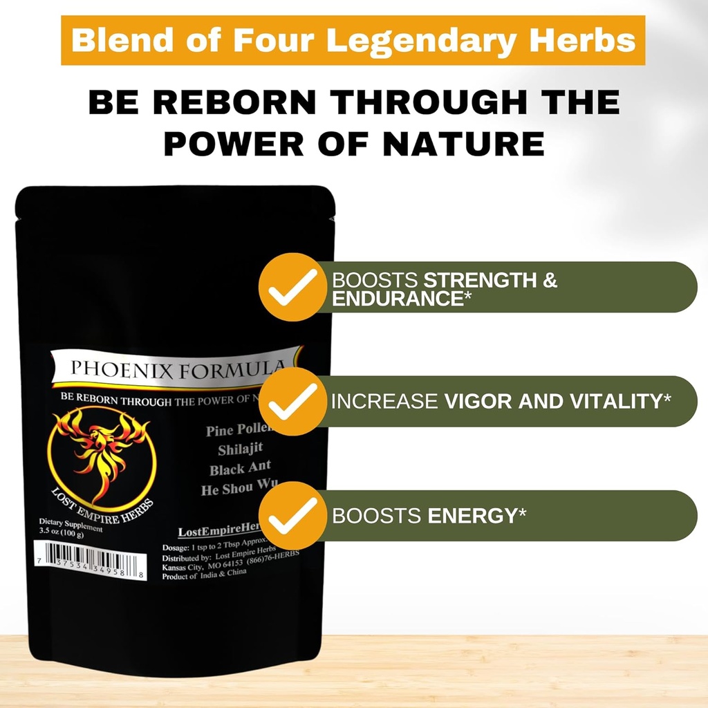 Phoenix Rejuvenation Formula - Izgubljeni imperij Herbs Energija Mešanica 4 Top Natural Health Herbs Pine Pollen, He Shou Wu, Ant, in Shilajit (100g prašek)