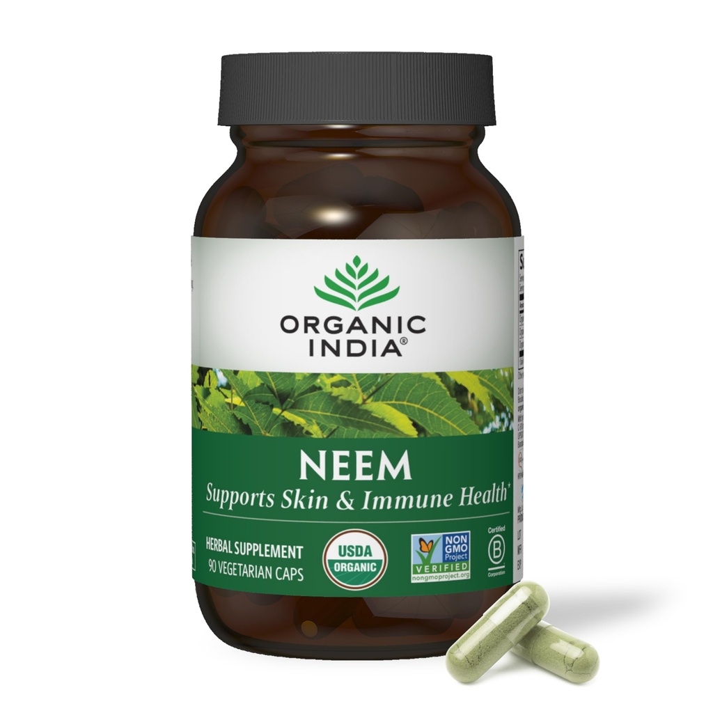 ORGANIC INDIA Neem Listne kapsule - Zeliščni dodatek, podpira zdravje kože in imunskega sistema, Vegan, Gluten prost, USDA Certified Organic - 90 Count