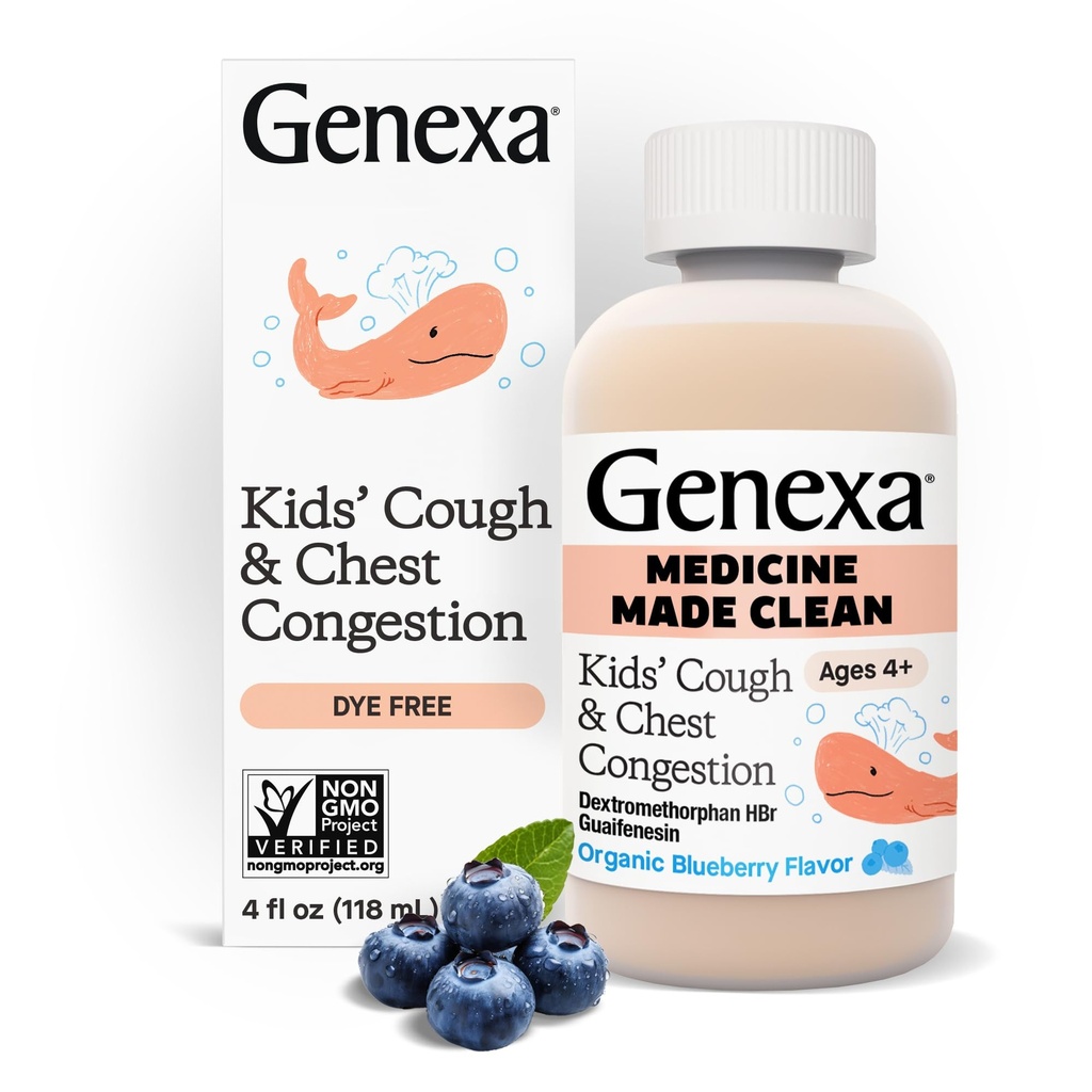 Genexa Kids’ Čisti kašelj & Chest Congestion Medicine, Barve brez, 0% Umetni dodatki, Multi-Simptom Cough Sirup za otroke 4-11, Cough Supressant & Pričakovano, Organic Blueberry Flavor, 4 fl oz