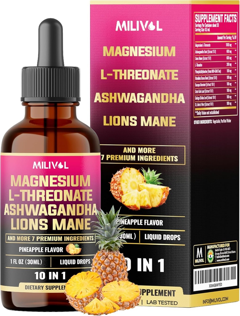 10 v 1 Magnezijev L-treonat tekoče kapljice z Ashwagadha, Lions Mane & 7 Več Zelišč - 1 Fl Oz - Ananas Flavor
