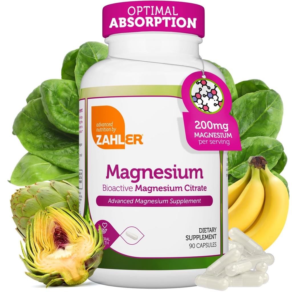 Zahler - Magnezij dopolnilne kapsule 200 mg (90 Count) Certified Kosher Bioactive Magnezijev Citrat za Max Absorpcija - Naravni magnezijev mineral za moške in ženske - Najboljši magnezijevi dodatki