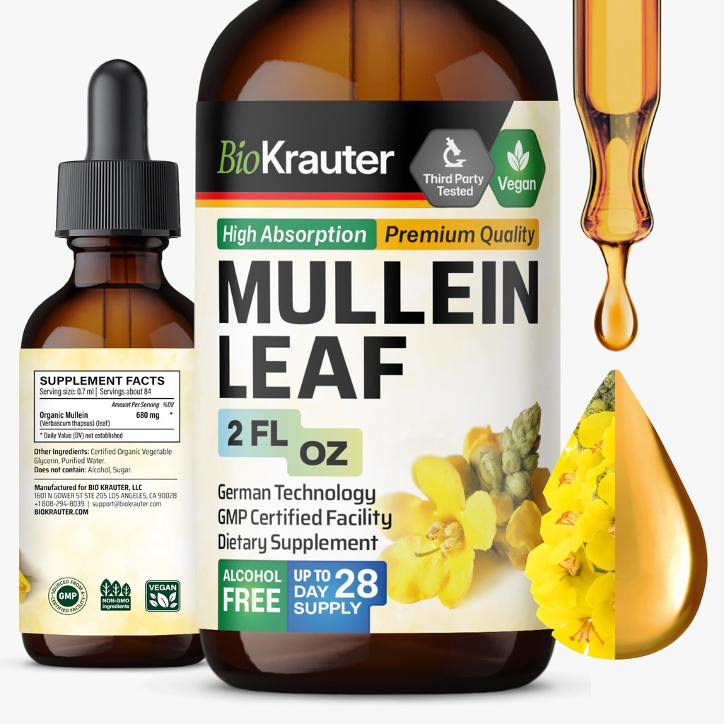 BIO KRAUTER Mullein Leaf Extract za pljuča 2 Fl. Oz - 28 dni dobave - Pure Mullein kapljice za Lung Cleanse & Detox - Veganske dihalne dodatke - Non-GMO, Brez sladkorja in alkohola