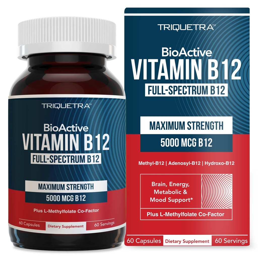 BioActive Vitamin B12 - 5000 μg, Vsebuje 3 BioActive Forms B12 Plus metilfolatni kofaktor - metil B12, Adenosyl B12 & hidroksi B12 