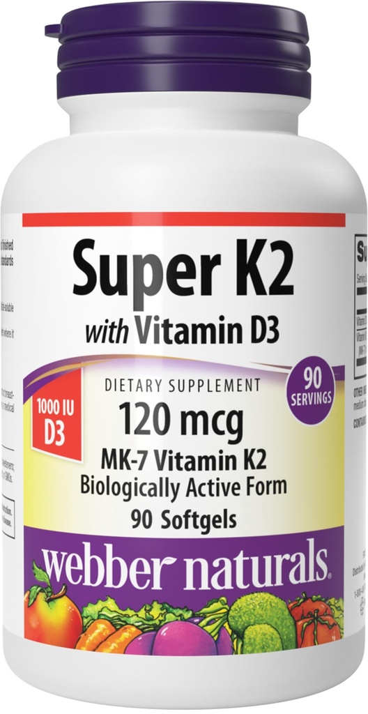 Webber Naturals Super Vitamin K2 MK-7 120 mcg z vitaminom D3, 90 Mehkužci, Podpira kosti, zobje, in kardiovaskularni sistem
