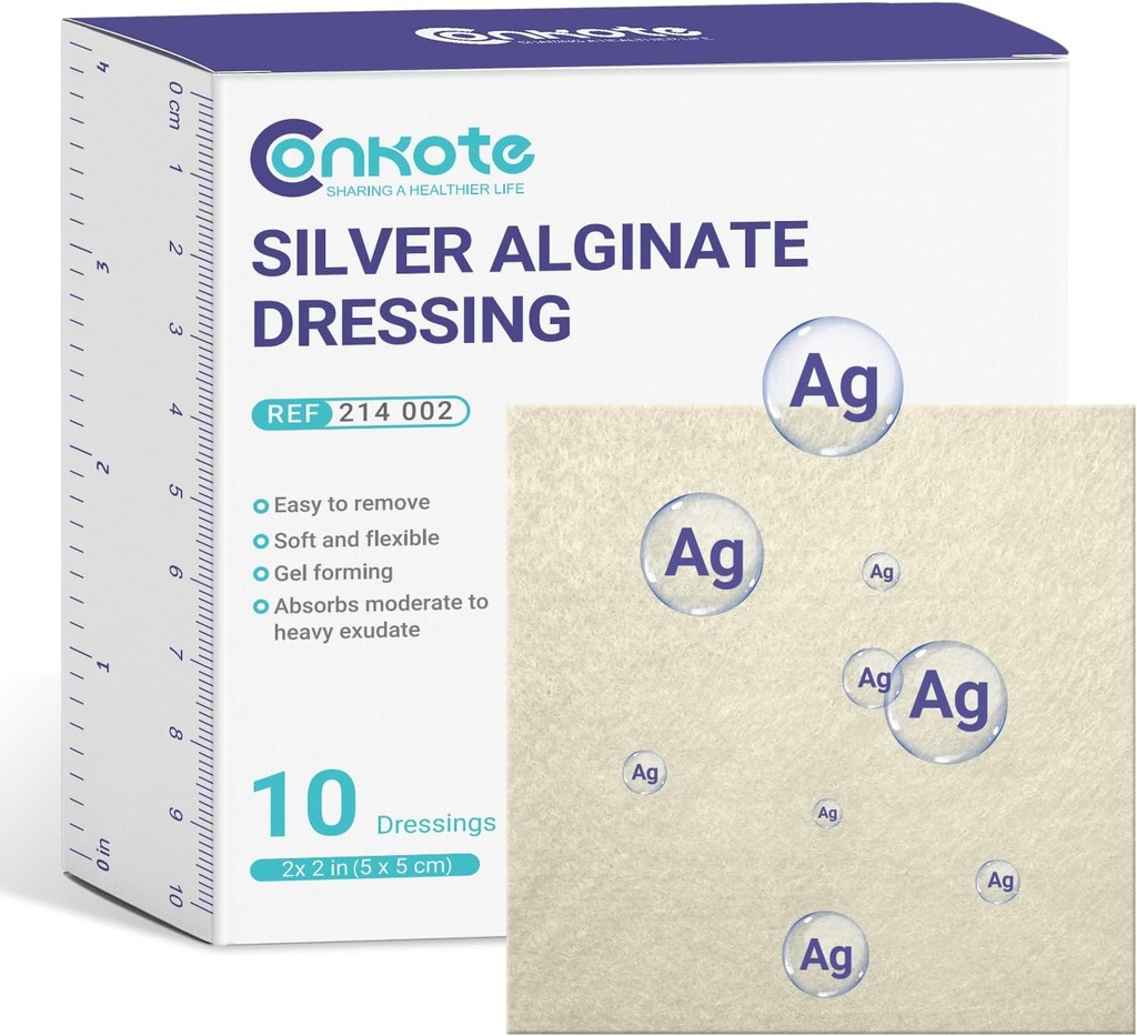 Konkote srebrne alginat rane obleko pads 2” x 2”, 10 Pack, Non-stick Padding Ag obliži, Zelo Absorbent za tlak Ulcerja, Bed boleče in Diabetic stopalo Ulcer