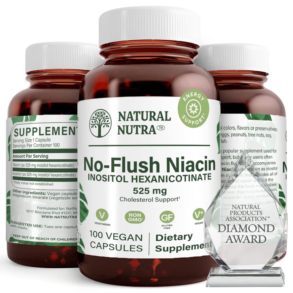 Naravna nutra št Flush Niacin, vitamin B3 dodatek, pomaga izboljšati kardiovaskularno zdravje, pomaga izboljšati teksturo kože, spodbuja boljše možganske funkcije, pomaga povečati raven energije 525 mg, 100 kapsul