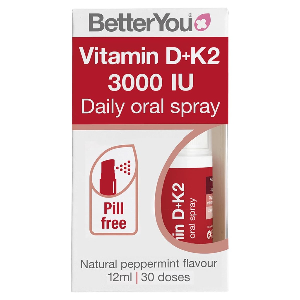 BetterYou D3000 in K2 Vitamin D Dnevni peroralni pršilo - Udobna alternativa za tablete - podpira zdravje kosti in povečanje imunskega sistema - Preprečuje kloniranje krvi - Naravna Peppermint aroma - 0,4 oz