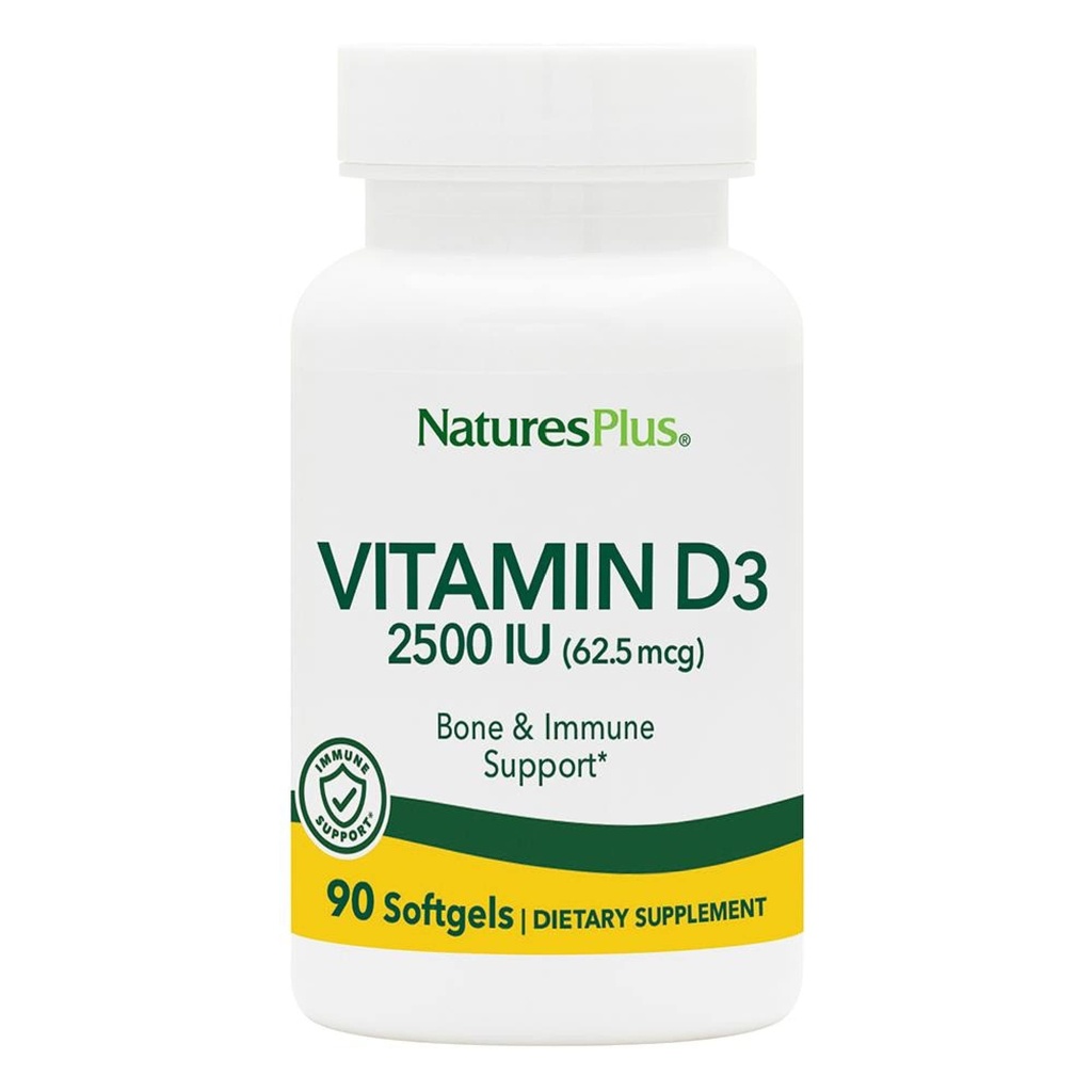 NaturesPlus Vitamin D3 (Cholekalciferol) - 2500 iu, 90 Mehkužci - zdravje kosti, zdravje srca in imunski sistem dopolnilo, Biorazpoložljiva aktivna oblika - Gluten-free - 90 Servinges