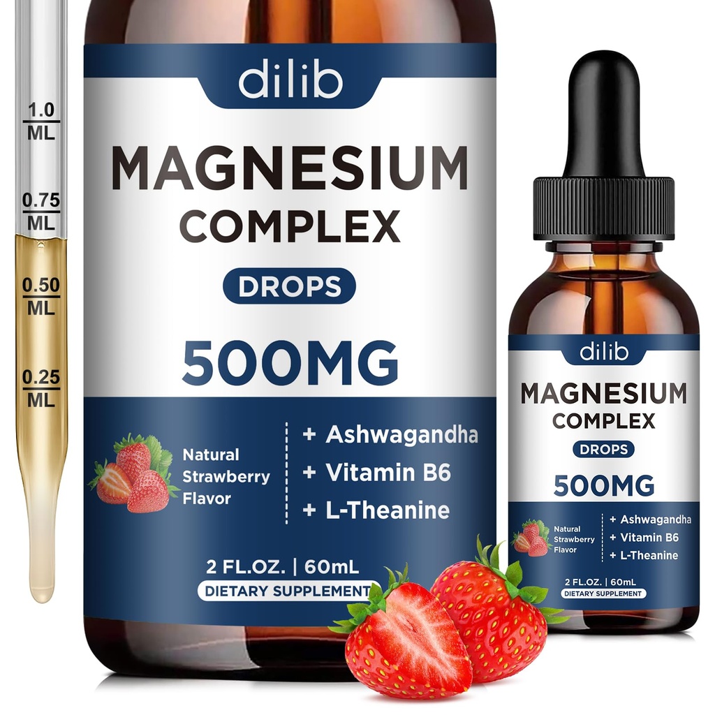 Trojni magnezijev kompleks dodatek-magnezijev glicinat, Citrat, Malate tekoče kapljice 500mg z Ashwagandha, L-teanin, Vitamin B6 za stresno lajšanje, spanje, mišice podpora-rjave jagode aroma