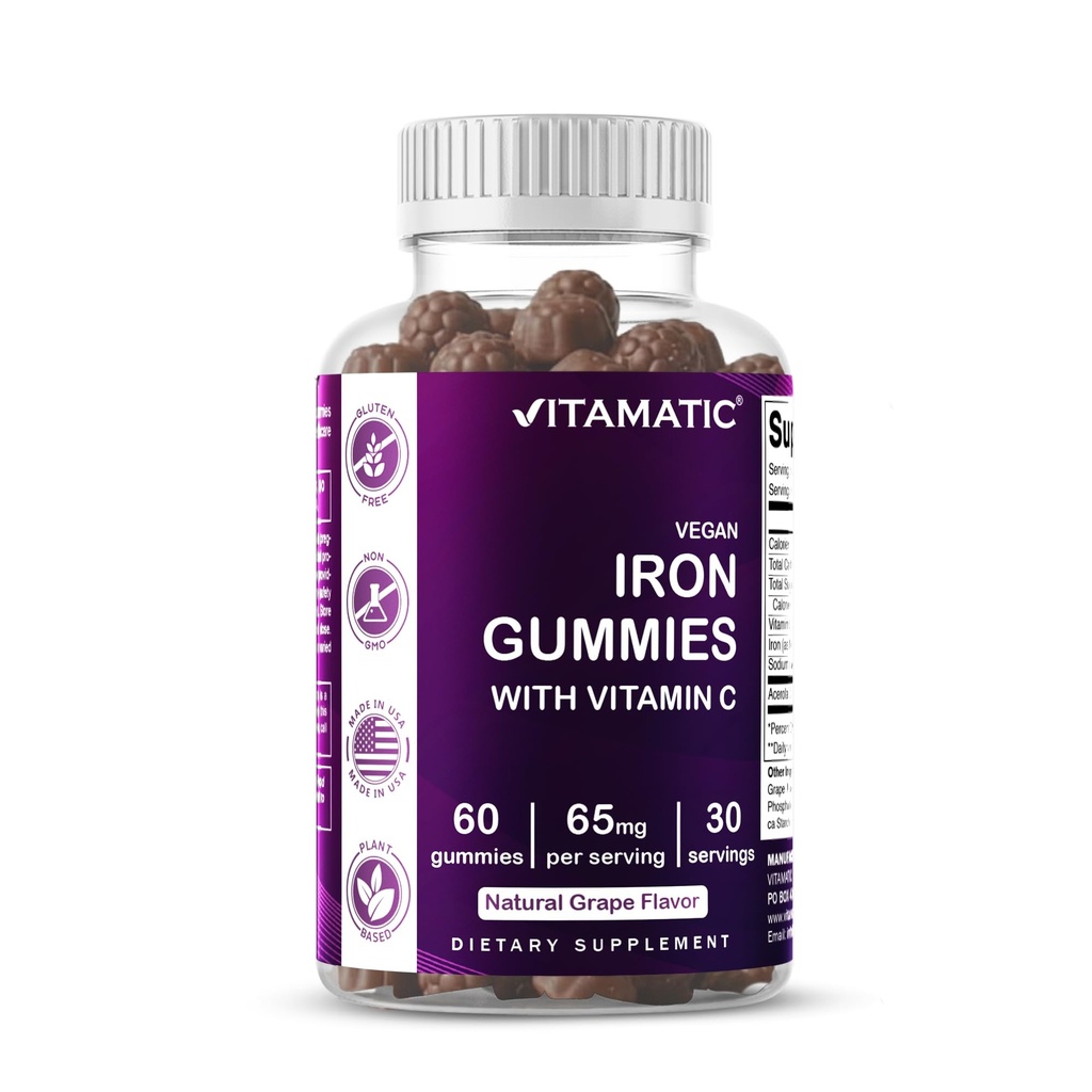 Vitamatsko železo 65 mg Gummies Supplement za ženske in moške - 60 Vegan Gummies - Velika Okus železa Gummi Vitamini z vitaminom C (1)