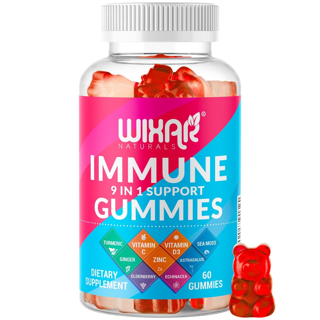9 v 1 Imunska podpora Gumies z Bezgovo jagodo, Vitamin C&D, cink, Kurkuma, Ginger, Echinacea, Astragalus & Sea Moss za imuniteto dodatek - 60 Gummies
