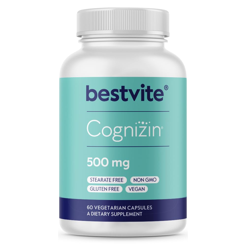 BESTVITE Cognizin Citicoline 500mg (60 vegetarijanskih kapsul) - klinično raziskano Premium holin nootropic - brez stearat - Vegan - brez GSO - Gluten Free - Možgani dopolnila za spomin in fokus
