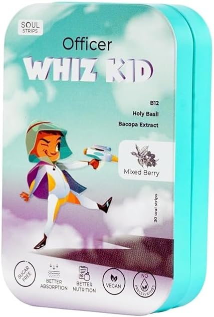 Soul Strips Častnik Whiz Kid - Bacopa & Sveti Basil za izboljšane možganske funkcije Vitamin B12, Mešana jagodičja aroma, Nič sladkor, Vegan, 30 Strips Pack