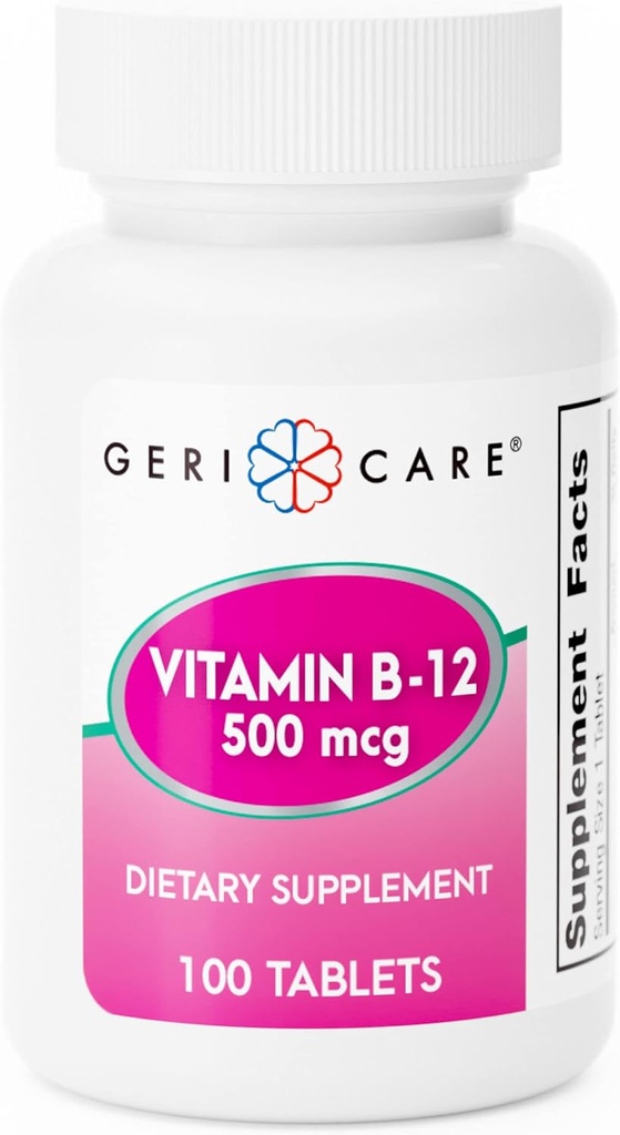 GeriCare Vitamin B-12 500mcg Tablete – Podpira zdrave energijske ravni, funkcije možganov in cirkulatorno zdravje – Zaupen dodatek za dnevno Wellness – 100 Število