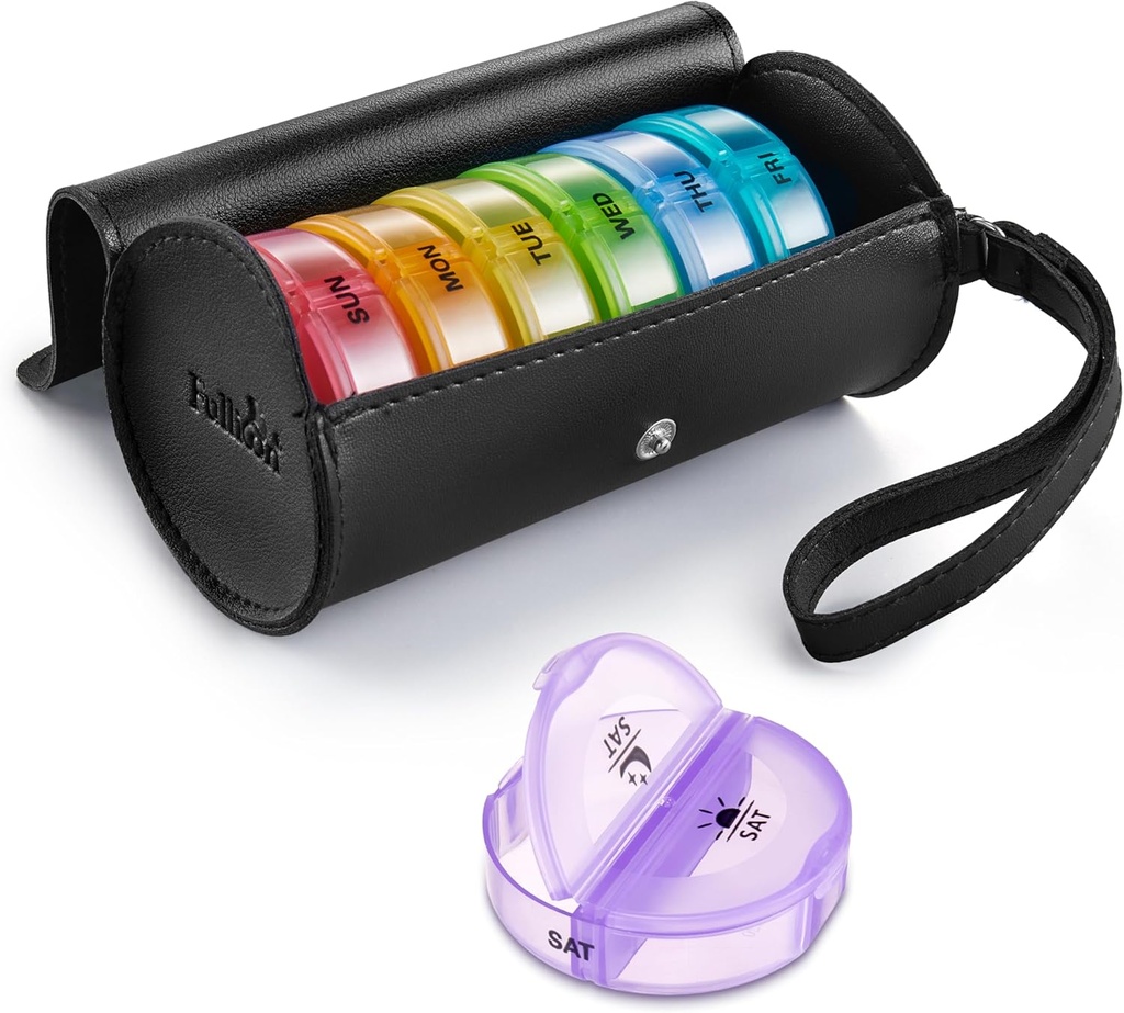 Fullicon PU Tedenska tableta Box Organizator 2 krat na dan, Potovanja 7 Day Pill Boxs, Prenosni Tablet Organizator z velikimi oddelki za medicino, Medication, Vitamin, Dodatki (Črna/Rainbow)