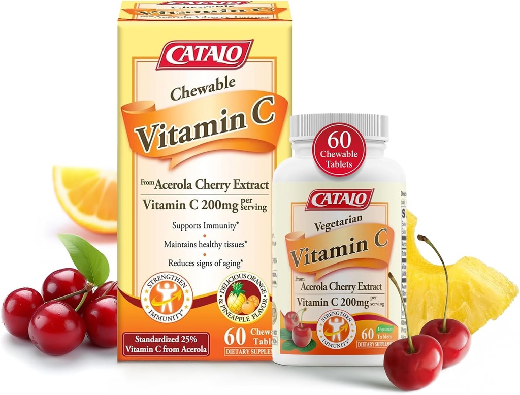 CATALO Vitamin C Formula - Acerola Cherry Extract, 200mg Vitamin C na strežbo, Pomlajevanje kože, Kolagen Proizvodnja, Okusna pomaranča & Ananas Flavor, 60 Žvečljive tablete