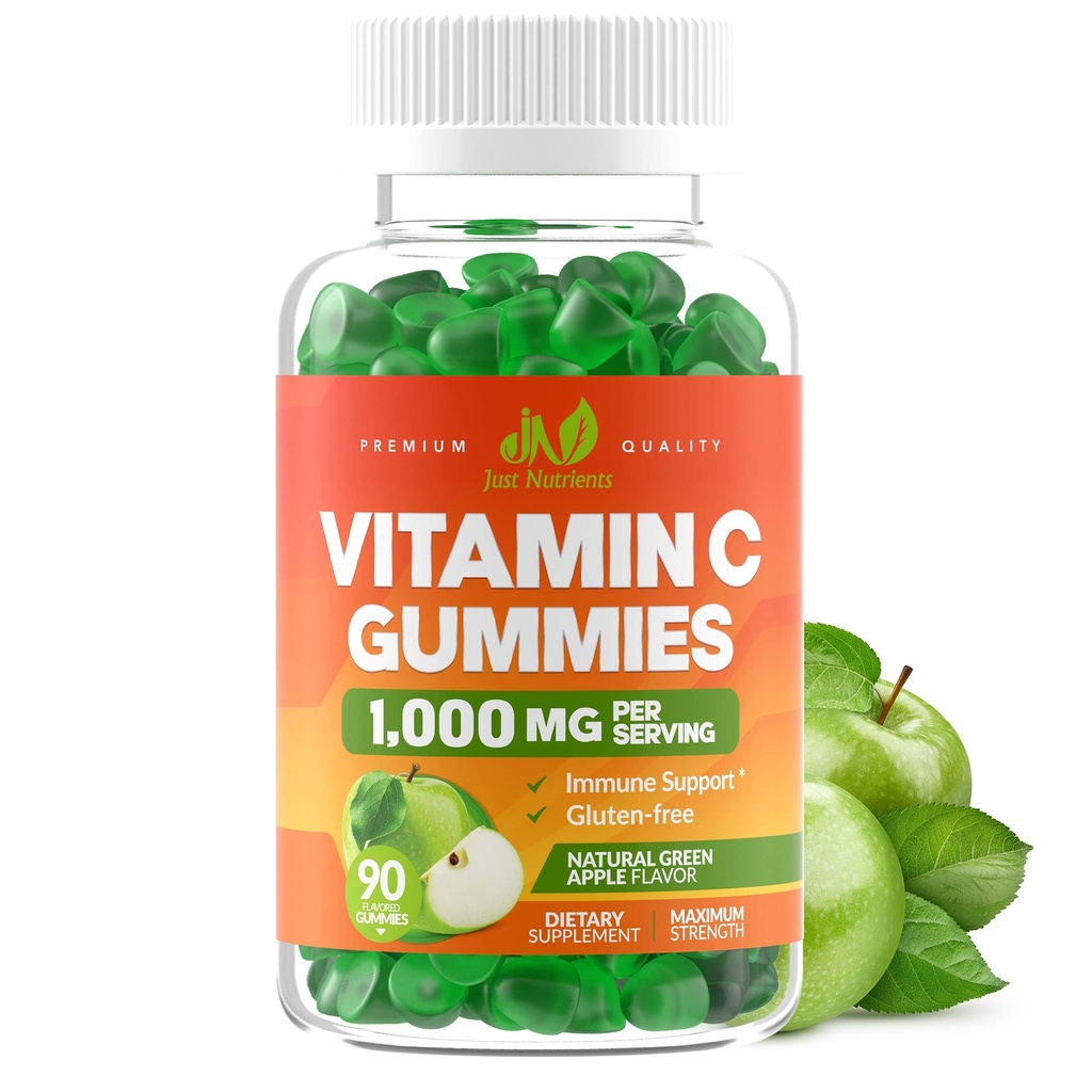 Vitamin C Gumies 1000mg za odrasle in otroke - največja moč žvečljiva Imunska podpora, kolagenska podpora - Sour Green Apple Flavor - Gluten Free, Non-GMO, Vegetarian - 90 Gummies (30 strežb)