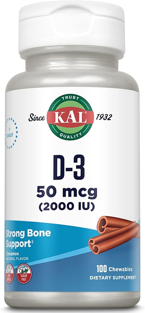 KAL Vitamin D3 Žvečilni gumi 50 μg, vitamin D 2000 i.e. kot holekalciferol, brez sladkorja, naravni cimetov aroma D3 Vitamin, Imunska podpora in zdravje kosti, 100 žvečljivi