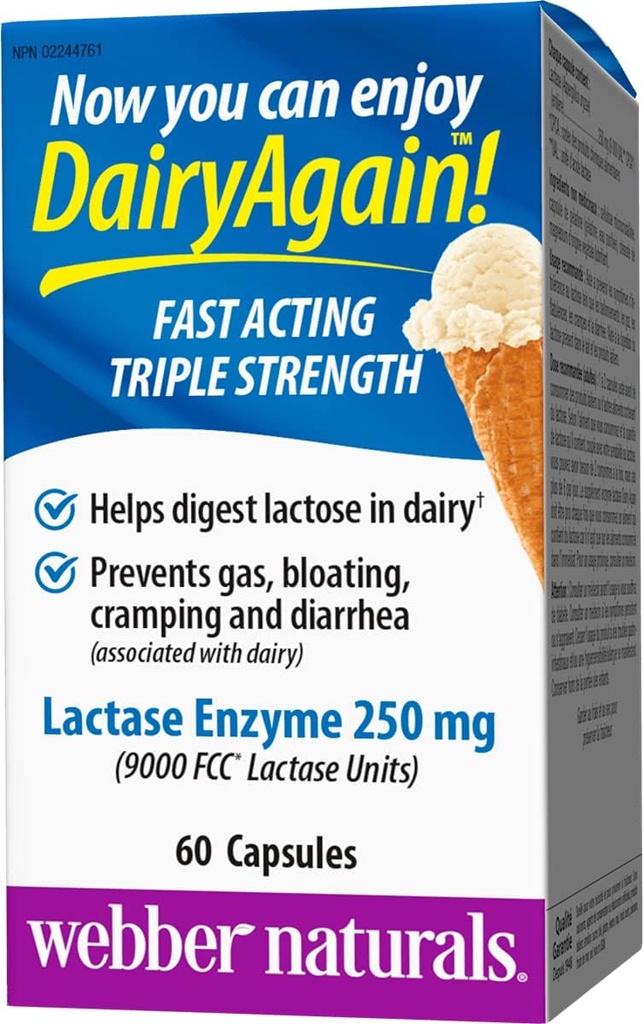 Webber Naturals Dairy Again 250mg Encim laktaze Trojna jakost, 60 kapsul