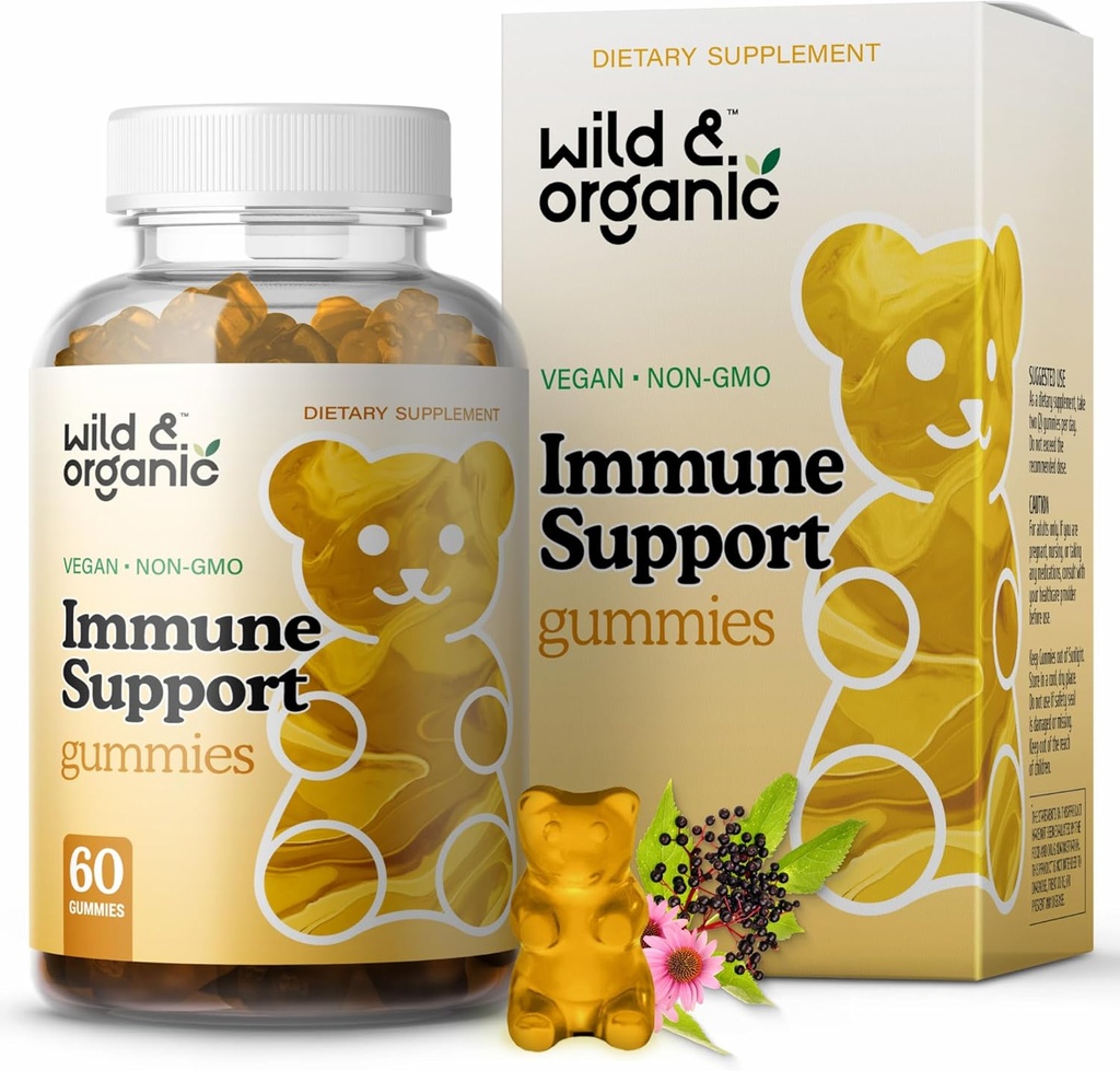 Wild & Organic Imuno Support Gumies - Elderberry 1000mg & Vitamin C 500mg - Naravni Imuno Support - Veganski Immunity Gumies z vitaminom C D cink - 60 Count