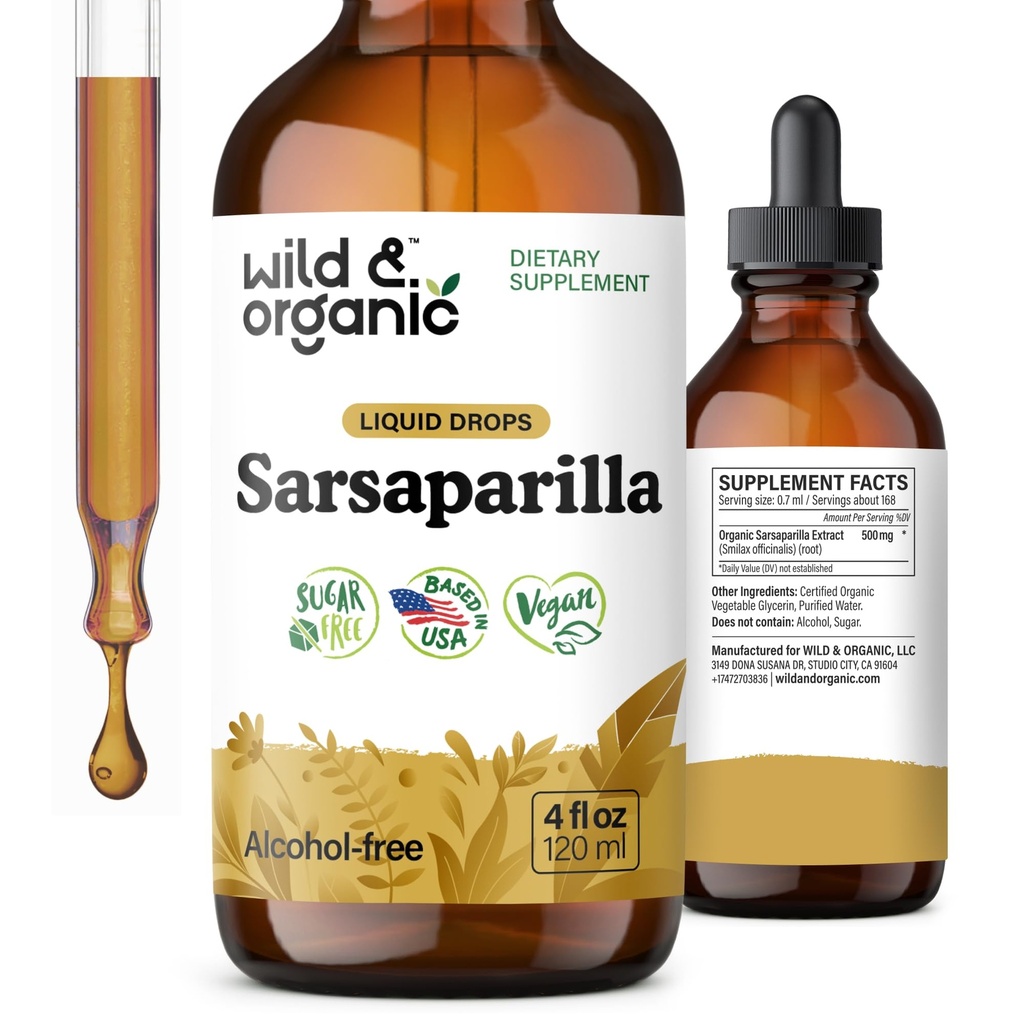 Wild & Organic Sarsaparilla Root Tinkture - Skupna podpora - Sarsaparilla Extract dodatek - Vegan, sladkor in alkohol brez tekoče kapljice - 4 fl oz