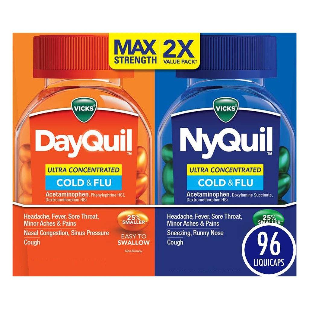 Vicks DayQuil & NyQuil Ultra koncentrirana Liquicaps so-pack, Cold & Flu Medicine, Močen multi-simptom dan in nočna olajšava za glavobol, zvišana telesna temperatura, boleče grlo, manjše bolečine in kašelj, 96ct