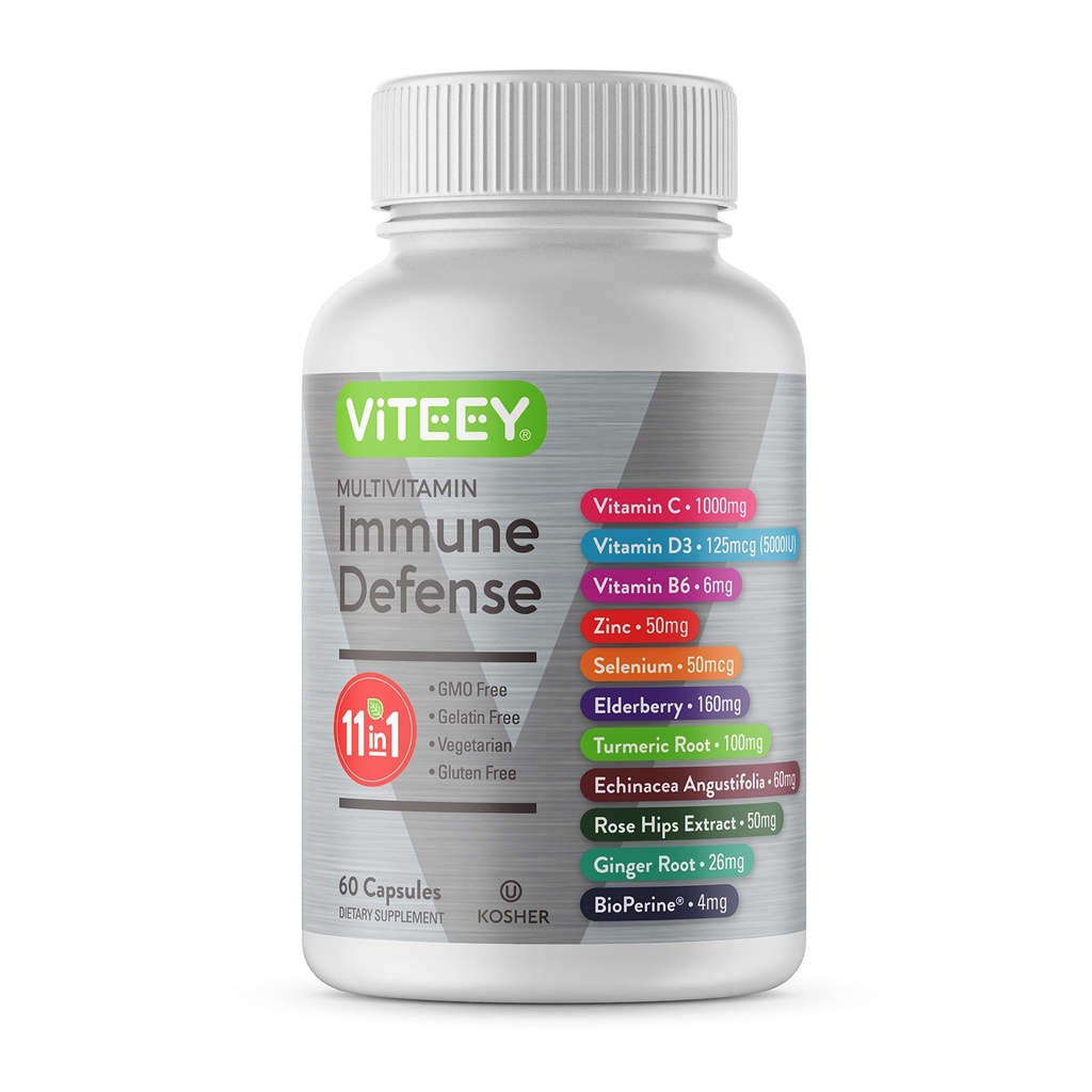 Viteey 11 v 1 Imunska podpora dodatek - Imunska obramba z vitaminom D3, B6, Echinacea, Kurkuma, Rose-HIPS, Selen, BioPerin, Ginger, Elderberry Vitamin C in cink - 60 Število