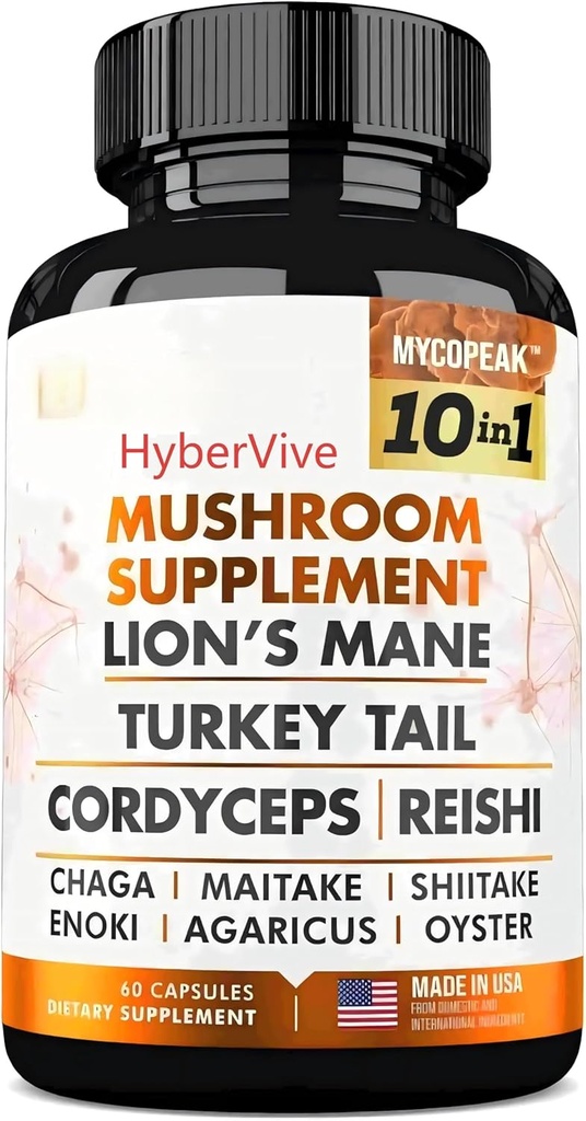 Dodatek gob 10x kompleks - Levi Mane, Turčija rep, Cordyceps, Reishi, Chaga, Maitake, Shiitake, Oyster Extract Gobe - Nootropic Brain Support dopolnila za spomin in fokus