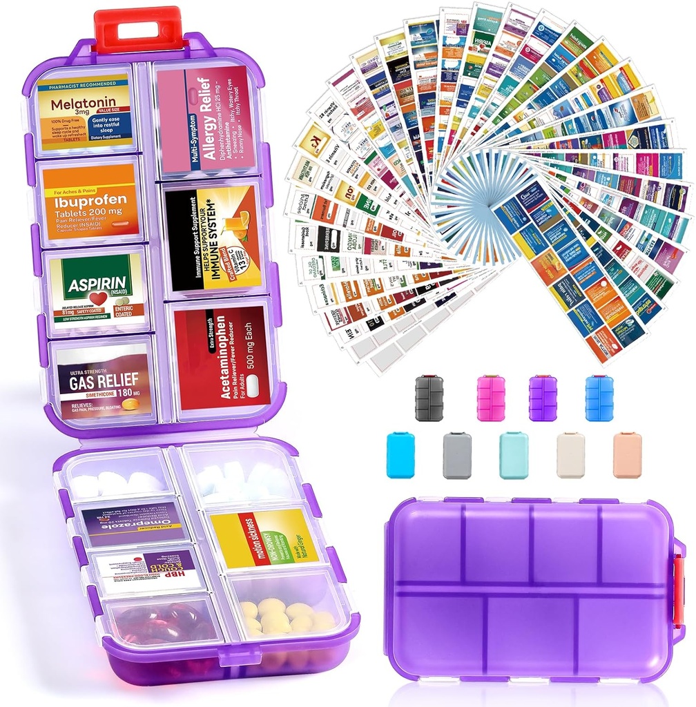 14 Mreže Travel tablete Organizator Box z 415-Pcs Medicine Ime Nalepke, Pocket Daily Lekarna Case Container, Travel Medication Imetnik Dispenser komplet za ribje olje Vitamin dopolnilno shranjevanje - Čista Purple