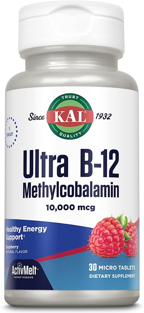KAL Ultra B12 Metilcobalamin 10.000mcg, Visoka moč Vitamin B-12 za zdravo energijo, Presnova, Živec, Podpora rdečih krvnih celic,* Naravni malina Okus, Vegetarian, 30 Mikro tablete, 30 Serving