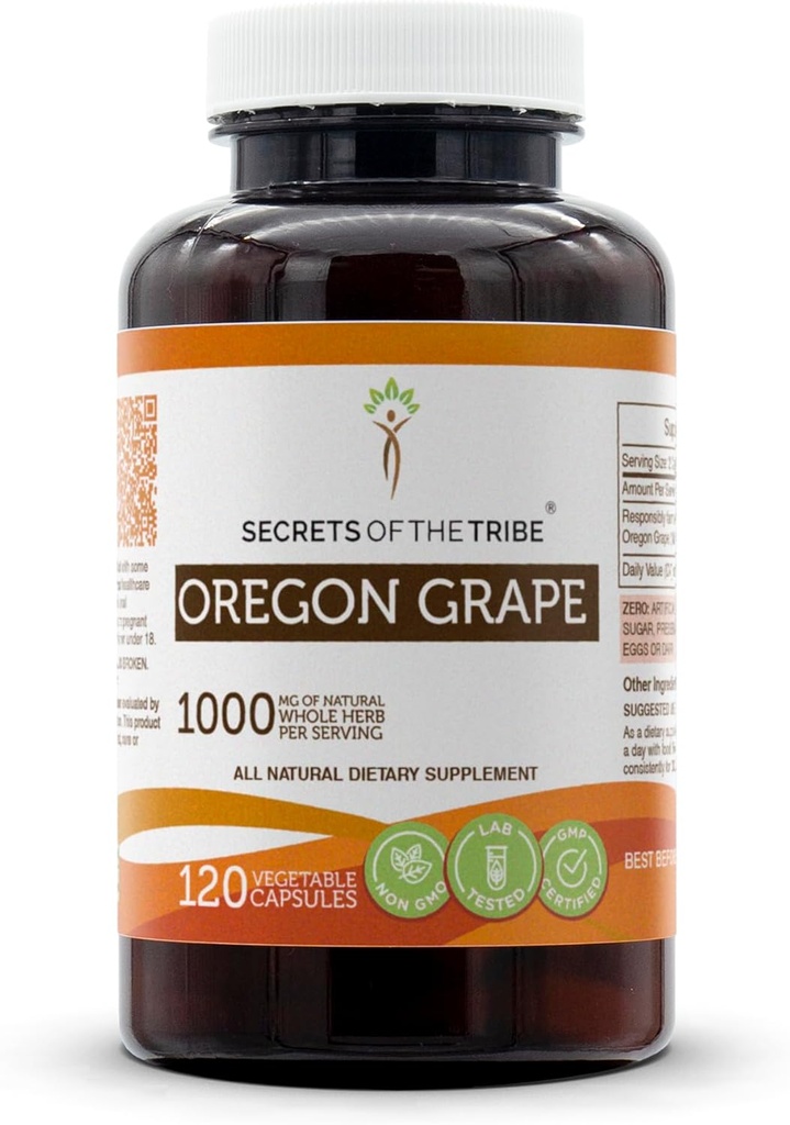 Skrivnosti grape iz rodu Oregon 120 Kapsule, 1000 mg, Odgovorno obdelano Oregonsko grozdje (Mahonia aquifolium) Posušena korenina (120 Kapsule)