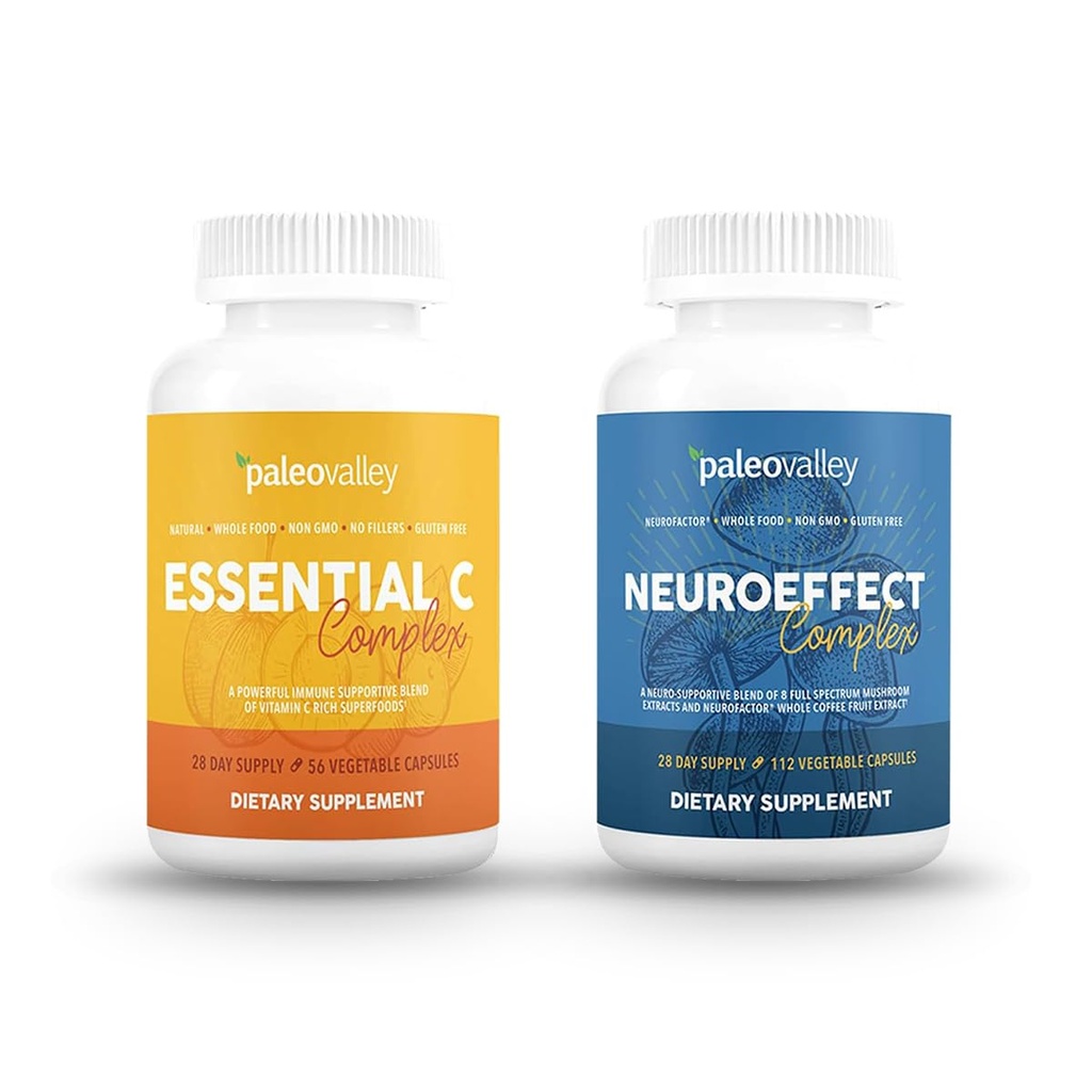 Paleovalley NeuroEffect + Essential C Complex Bundle - izvleček kave iz nevro gob, Vitamin C Dodatek 450g Fokus, Spomin, Energija, Imunska podpora, Organic Superfoods