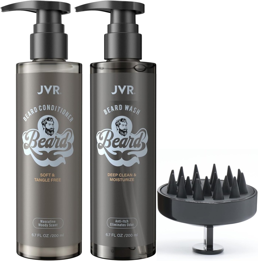 JVR Beard Wash and Beard conditioner za moške, Beard Shampoo čiščenje in zmanjšuje Frizz, Mehko & Krepi, Organski s kokosom, Aloe, Zagotavlja svetleče za suhe in okorne brade, Brada skrbi (6.7oz)