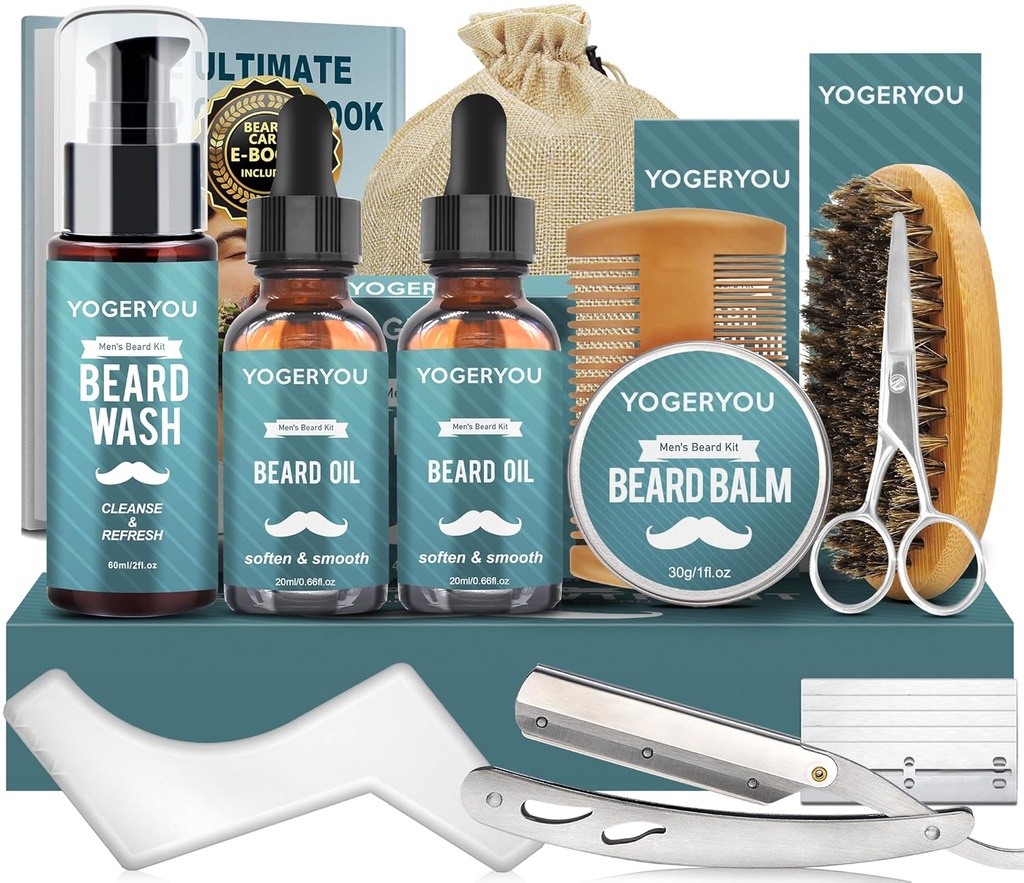 Beardov komplet za moške W/Straight Razor, 2 PAKIRANJE Beardovo olje, pranje, balzam, Brush, Comb, Škarje Moški Rojstni dan Božična darila za moške Fantov mož Beard Trimming komplet
