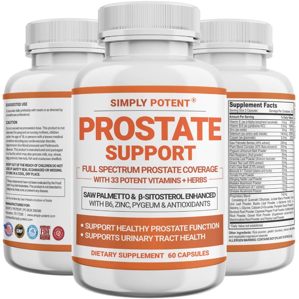 Dodatki prostate za moške, Saw Palmetto Prostate Health Support w/ 33 Vitamini in zelišča - Beta sitosterol Plus B6, Selen in cink za zdravo uriniranje Frekvenca in pretok in pravilno spanje (60 kapsul)