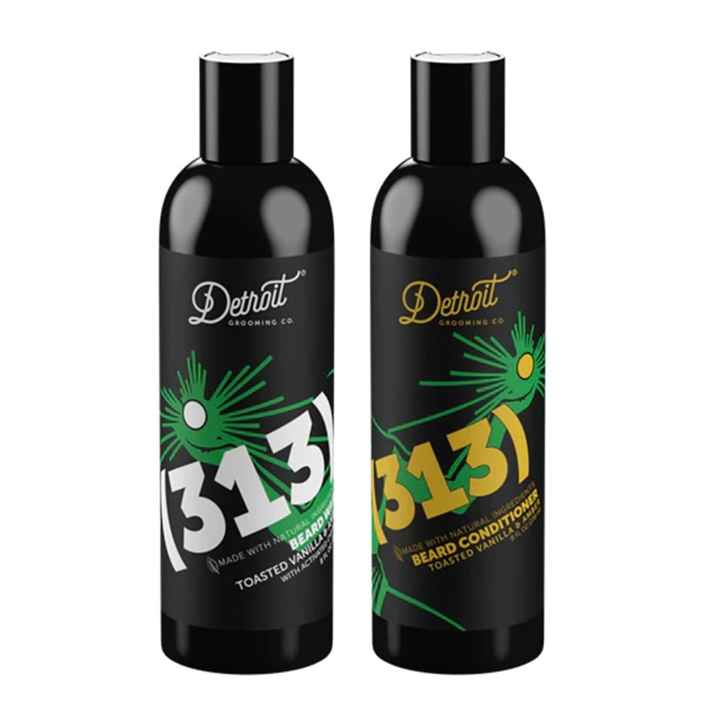 Detroit Grooming Co. Beard Wash and Beard conditioner - Moški komplet - Mehkužci, Krepi, Vlažilno, Infuzirano w/Arganovo olje, Apple Extract, & Aloe Vera - Toasted Vanilla Amber Scent - 313-8oz