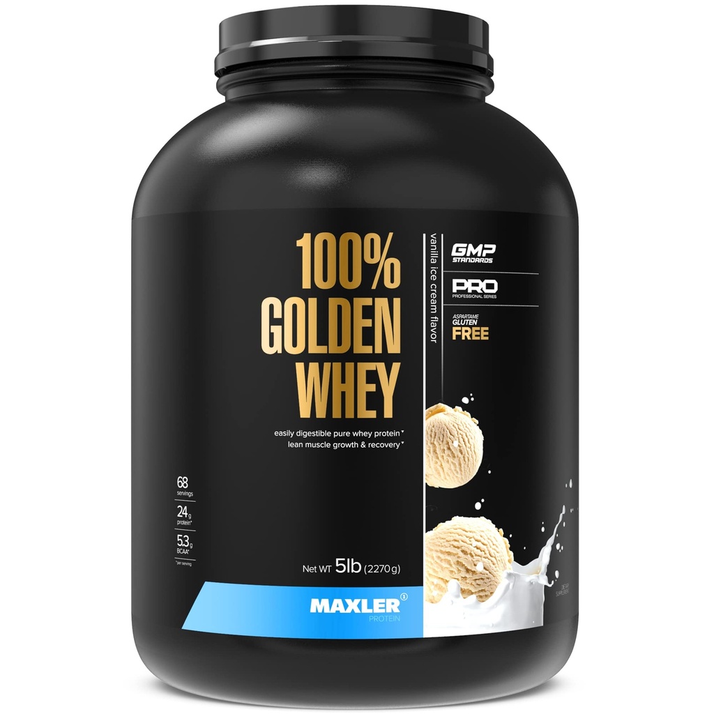 Maxler 100% Golden Whey Protein - 24g beljakovin na serviranje - Premium Whey Protein Powder for Pre Post Workout - hitro absorbira koncentrat sirotke, izolat in hidrolizatna mešanica - Vanilla Ice Cream 5 lb
