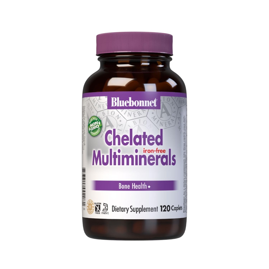 Bluebonnet Nutrition High Potent Chelted Multiminerals (Iron-free), Albion kelirani minerali, soja-free, Gluten-free, Non-GMO, Kosher Certified, Dairy-free, 120 Caplets, 40 Servings